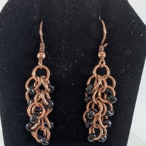 Black Bead Copper Chainmaille Dangle Earrings